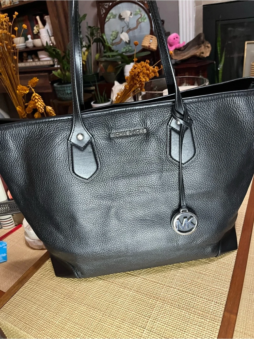 Michael Kors Black Pebbled Leather Large Tote with MK Charm